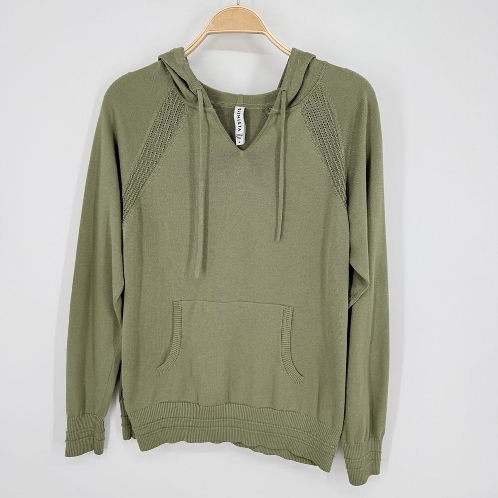 Athleta Evergreen Hoodie Sweater Women Large Green Excellent V-Neck Pullover